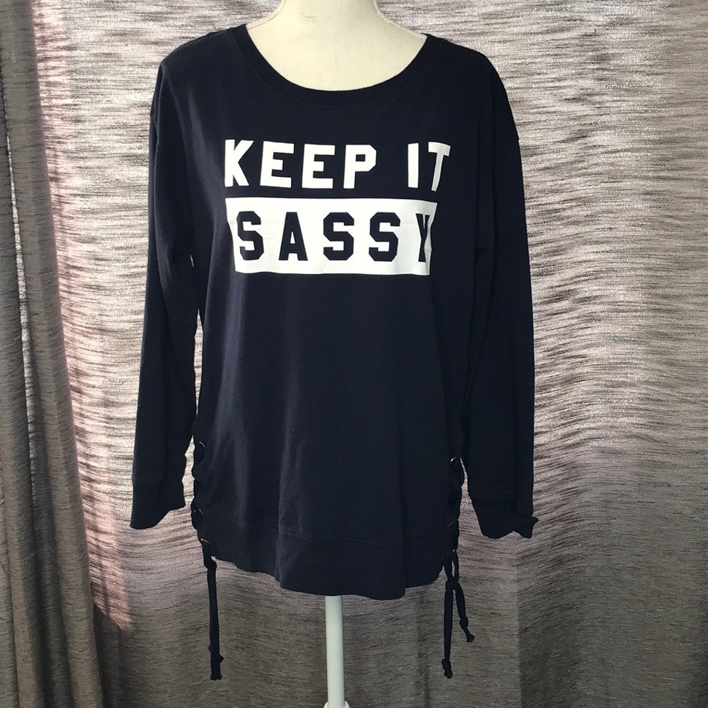 FIFTH SUN XL NAVY and WHITE LONG SLEEVED SWEATSHIRT KEEP IT SASSY